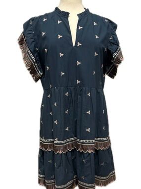Marie Oliver Blue Embroidered Tiered Dress | Size Medium